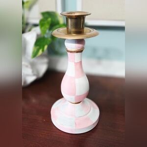New! Handpainted Pink Checkered Candle Holder with Brass Accent!